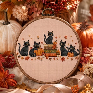 Cat Fall Books Cross Stitch Pattern - Pumpkin Book Stack Harvest Embroidery (PDF)