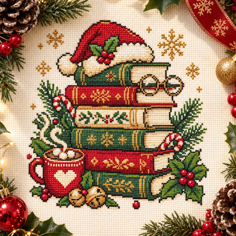 Cozy Christmas Book Stack Cross Stitch Pattern: Ornament Mug Poinsettia ...