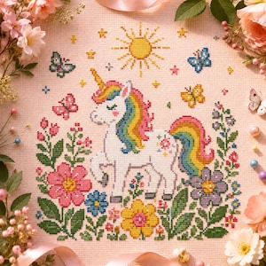 May include: A cross-stitch embroidery on light pink fabric featuring a white unicorn with a rainbow-colored mane and tail. The design includes a yellow sun, small butterflies, and various colorful flowers surrounding the unicorn figure.