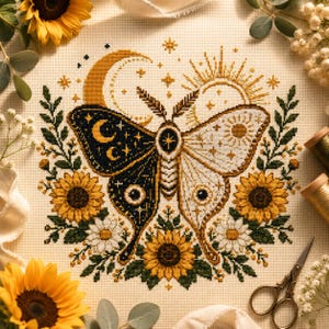 Può includere: Un ricamo a punto croce su tessuto color crema raffigurante una falena centrale con un'ala scura che mostra una luna crescente e un'ala chiara che mostra un sole. La falena è circondata da girasoli gialli, margherite bianche e foglie verdi.