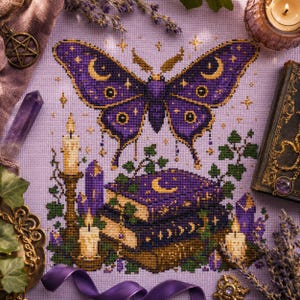 Celestial Moth Book Cross Stitch Pattern - Gothic Moon Magic Book  Embroidery (PDF)