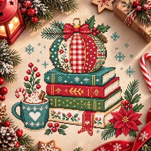 May include: A cross-stitch embroidery featuring a stack of four books topped with a patterned Christmas ornament. Beside the books is a teal mug with a white heart, filled with a beverage, topped with whipped cream, and garnished with berries.