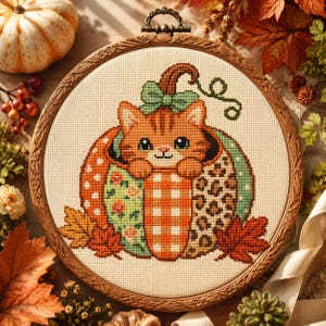 Schema per punto croce con gatto arancione e zucca - Ricamo autunnale con fiocco patchwork (PDF)