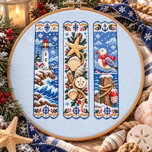 Nautical Winter Bookmark Cross Stitch Pattern - Lighthouse Seagull Seashell Christmas Embroidery (PDF)