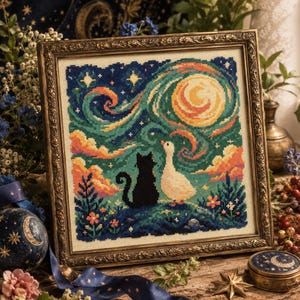 May include: A framed cross-stitch embroidery depicting a black cat and a white goose standing in a field under a swirling night sky with a large yellow moon, vibrant orange clouds, and scattered stars, all encased in an ornate gold-toned frame.