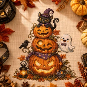 Stacked Pumpkin Cat Cross Stitch Pattern - Halloween Witch Ghost Lantern Embroidery (PDF)