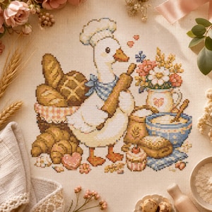 May include: A cross-stitch embroidery pattern on beige fabric featuring a white goose wearing a chef hat and blue neckerchief, holding a rolling pin. The scene includes a basket of bread, a bowl of batter, a floral vase, and a small cupcake.
