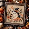 Ghost Lantern Cross Stitch Pattern - Halloween Witch Hat Pumpkins & Crescent Embroidery (PDF)