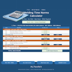May include: A digital Welding Time Norms Calculator spreadsheet displayed on a blue background with a calculator on a notebook. The table lists TIG, MIG/MAG, and MMA welding operations, arc times, and man-hours, with a total of 2.29 man-hours shown.