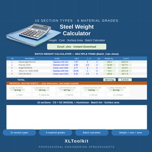 May include: A digital Steel Weight Calculator spreadsheet interface featuring a calculator icon on a notebook. The display shows a batch weight calculator table with columns for description, grade, kg/m, length, quantity, weight in kg, and cost in euros.