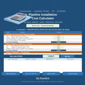 May include: A digital Pipeline Installation Cost Calculator spreadsheet interface featuring a calculator on a notebook. The display shows detailed cost breakdowns for materials, labor, and selling price in euros, with labels for stainless, carbon steel, PP, and copper.