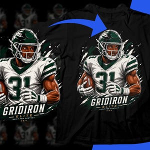 Peut inclure: Un t-shirt noir avec une illustration graphique d'un joueur de football américain portant un maillot blanc avec le numéro 31, un casque vert et tenant un ballon. Sous le joueur, le texte indique GRIDIRON ELITE BUILT FOR CONTACT.