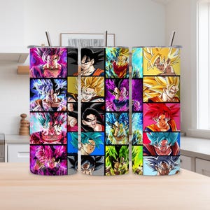 May include: A cylindrical stainless steel tumbler featuring a vibrant collage of various anime characters from the Dragon Ball series in different transformations, including Super Saiyan forms with blue, yellow, red, and pink hair colors.