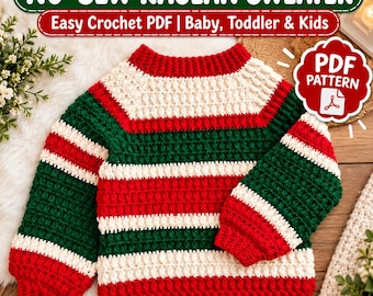 Op de afbeelding: Een gehaakte raglantrui met horizontale strepen in rood, wit en donkergroen. De tekst NO-SEW RAGLAN SWEATER, Easy Crochet PDF | Baby, Toddler & Kids, en PDF PATTERN is zichtbaar op de afbeelding.