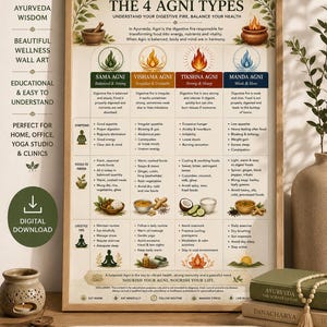 May include: A framed educational wall art print titled The 4 Agni Types, featuring a chart that explains Ayurvedic digestive fire concepts. The poster includes four columns with illustrations of fire, symptoms, food preferences, and lifestyle tips for each type.