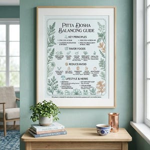 May include: A framed wall art print titled Pitta Dosha Balancing Guide, featuring botanical illustrations in green and orange. The text outlines key principles, favor foods, reduce/avoid categories, and lifestyle tips for Ayurvedic wellness.