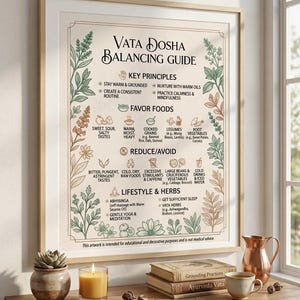May include: A framed Vata Dosha Balancing Guide wall art print featuring botanical illustrations in green and brown tones. The text outlines key principles, food recommendations, and lifestyle tips for balancing Vata dosha, presented on a cream background.