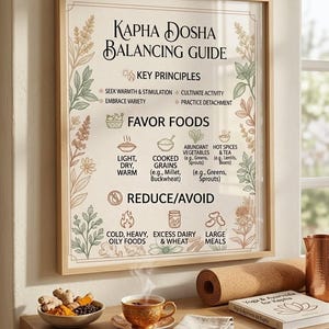 May include: A framed wall print titled Kapha Dosha Balancing Guide, featuring botanical illustrations and text outlining key principles, foods to favor, and foods to avoid. The design uses a neutral color palette with black text and line art.