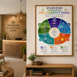 May include: A framed educational poster titled Ayurvedic Essential Five Elements Wheel, featuring a colorful circular diagram illustrating Earth, Space, Air, Water, and Fire, along with text detailing the Vata, Pitta, and Kapha doshas.