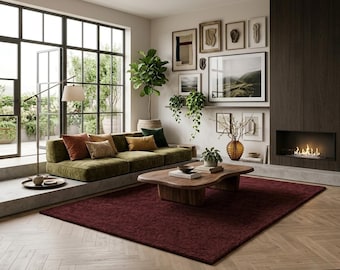 Hand Tufted Burgundy Area Rug, Modern Plush Shag Carpet, Custom Size Living Room Rug, Bedroom Rug, Luxury Soft Wool Rug, Contemporary Home