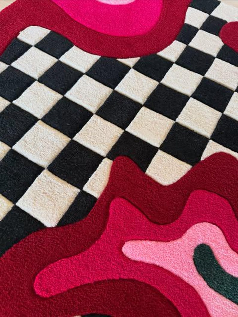 Hand Tufted Checkerboard Rug 5x8 6x9 8x10 9x12, Pink Red Abstract Rug, Modern Area Rug, Funky Checkered Carpet, Dopamine Decor Rug image 11