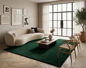 Emerald Green Wool Rug 8x10, Hand Tufted Area Rug, Modern Luxury Carpet, Large Living Room Rug, Handmade Bedroom Rug, Custom Size Decor