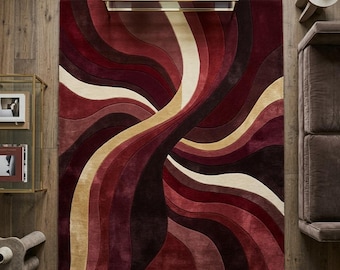 8x10 Hand Tufted Rug, Abstract Area Rug, Burgundy Red Living Room Rug, Modern Wool Carpet, Large Contemporary Rug, Custom Size Floor Rug,