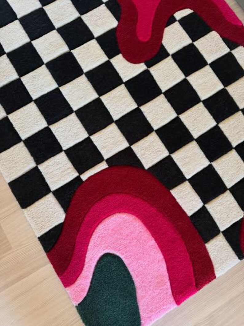 Hand Tufted Checkerboard Rug 5x8 6x9 8x10 9x12, Pink Red Abstract Rug, Modern Area Rug, Funky Checkered Carpet, Dopamine Decor Rug image 9