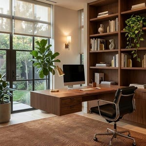 May include: A home office featuring a floating wooden desk with two drawers, a black leather office chair with a metal frame, and a large brown rug with a wavy texture. A computer monitor, a gold desk lamp, and a tall bookshelf are present.