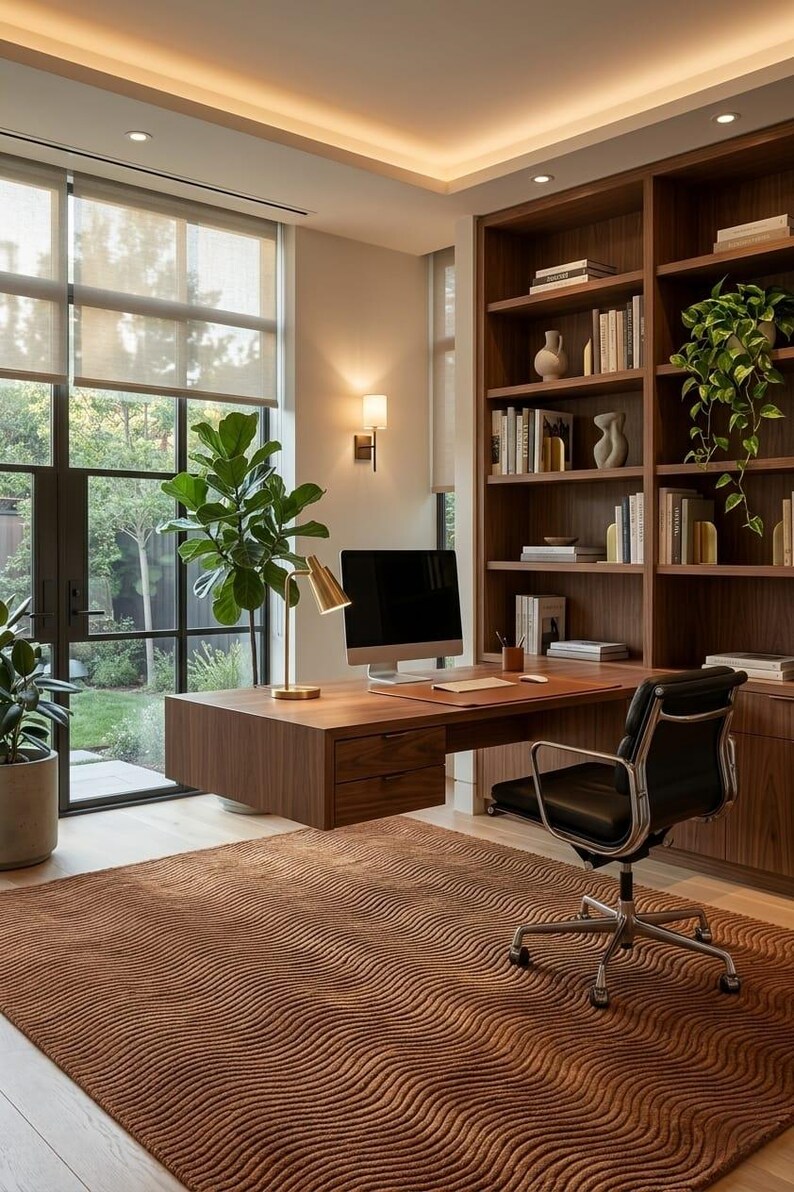 May include: A home office featuring a floating wooden desk with two drawers, a black leather office chair with a metal frame, and a large brown rug with a wavy texture. A computer monitor, a gold desk lamp, and a tall bookshelf are present.