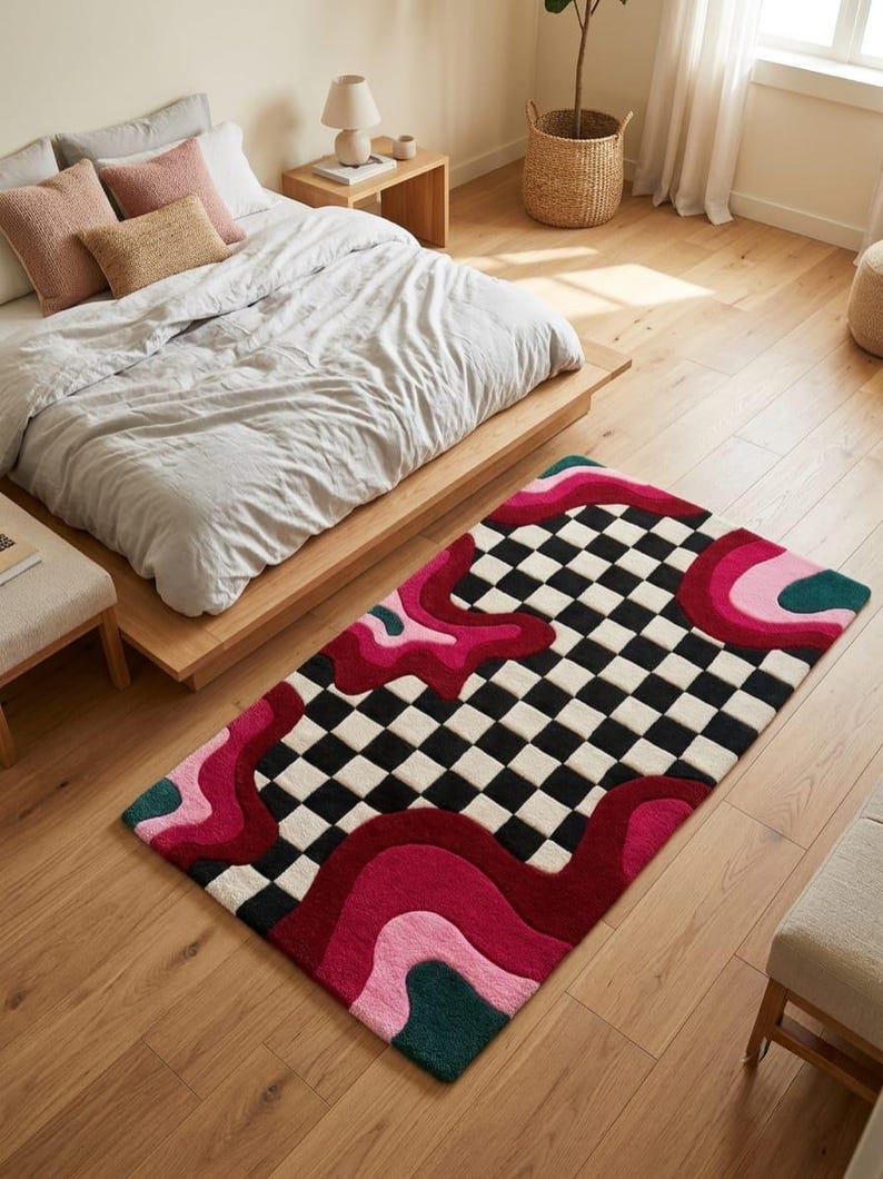 May include: A rectangular area rug featuring a central black and white checkerboard pattern surrounded by abstract, fluid shapes in shades of deep red, bright pink, and dark green. The rug has a tufted texture and a multi-colored, wavy border design.