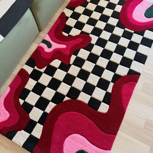 Hand Tufted Checkerboard Rug 5x8 6x9 8x10 9x12, Pink Red Abstract Rug, Modern Area Rug, Funky Checkered Carpet, Dopamine Decor Rug image 7
