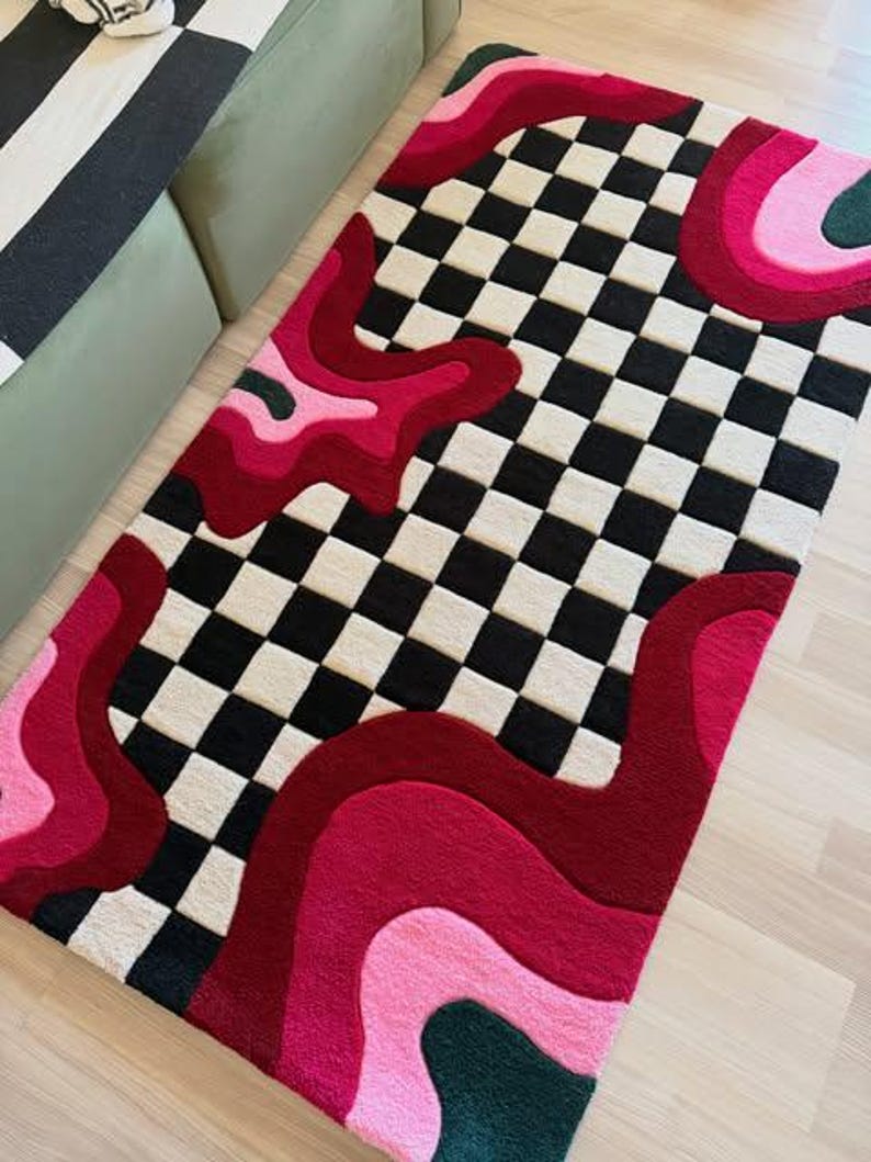 Hand Tufted Checkerboard Rug 5x8 6x9 8x10 9x12, Pink Red Abstract Rug, Modern Area Rug, Funky Checkered Carpet, Dopamine Decor Rug image 7