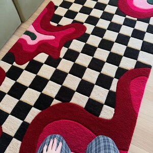 Hand Tufted Checkerboard Rug 5x8 6x9 8x10 9x12, Pink Red Abstract Rug, Modern Area Rug, Funky Checkered Carpet, Dopamine Decor Rug image 5