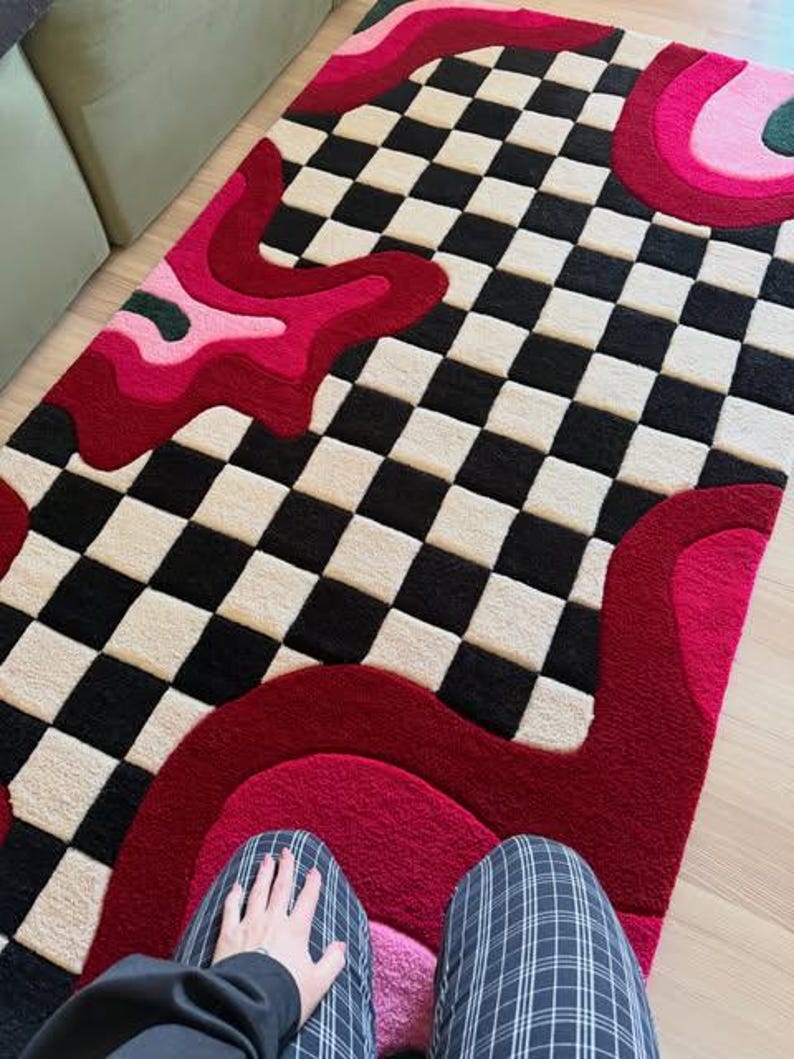 Hand Tufted Checkerboard Rug 5x8 6x9 8x10 9x12, Pink Red Abstract Rug, Modern Area Rug, Funky Checkered Carpet, Dopamine Decor Rug image 5