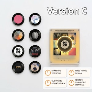 May include: Eight circular black coasters featuring various BTS album art designs, alongside a square illuminated acrylic display plaque labeled Version C. The plaque displays the text THIS IS THE SHINING STAR IN MY ORDINARY LIFE and WINGS.