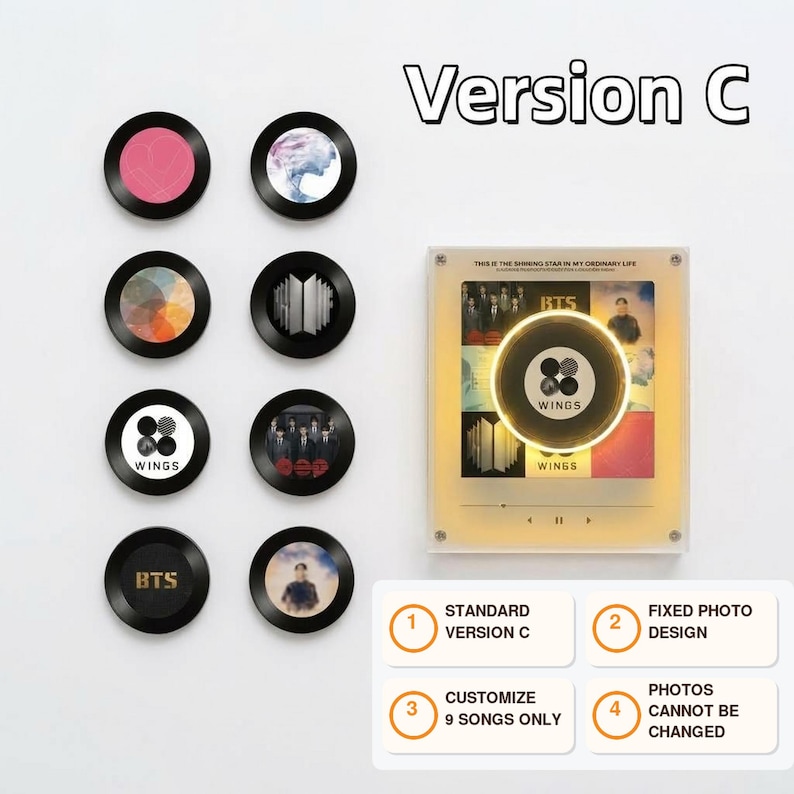 May include: Eight circular black coasters featuring various BTS album art designs, alongside a square illuminated acrylic display plaque labeled Version C. The plaque displays the text THIS IS THE SHINING STAR IN MY ORDINARY LIFE and WINGS.