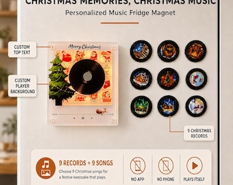 May include: A square acrylic fridge magnet featuring a central black record disc, a Christmas tree graphic, and the text Merry Christmas. It includes nine circular record magnets with various holiday scenes and a label stating 9 RECORDS + 9 SONGS.