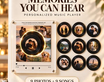 May include: A square acrylic music player plaque with the text MEMORIES YOU CAN HEAR and PERSONALIZED MUSIC PLAYER, featuring a central circular photo frame and a playback bar. Nine circular photo magnets are arranged to the right of the plaque.