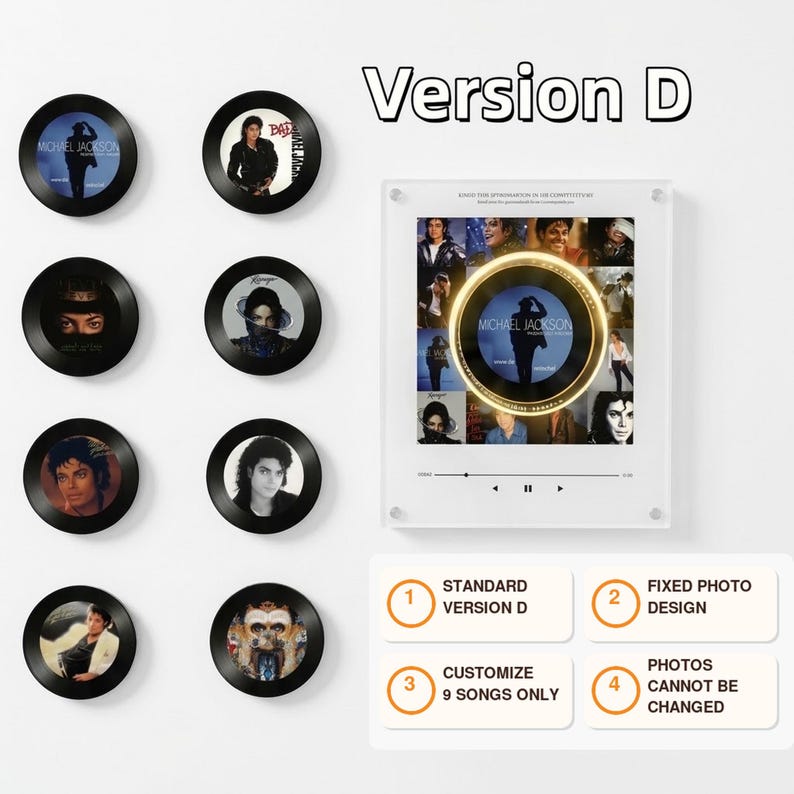 May include: A collection of eight circular black wall plaques featuring Michael Jackson album art, alongside a rectangular acrylic display with a central gold-rimmed vinyl record graphic, multiple photo collages, and a music player interface.