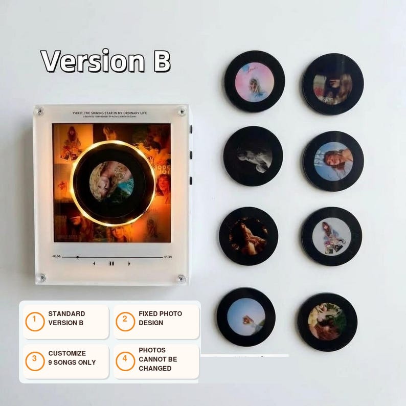 May include: A square acrylic music player display labeled Version B, featuring a central illuminated circular photo and a collage background. Eight additional circular photo magnets are arranged to the right. Text includes Standard Version B, Fixed Photo Design, Customize 9 Songs Only, and Photos Cannot Be Changed.