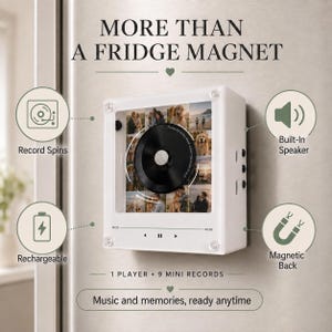 May include: A white square music player with a magnetic back, featuring a central black spinning record overlaying a collage of nine photographs. The device includes a built-in speaker, a rechargeable battery, and playback controls. Text reads: MORE THAN A FRIDGE MAGNET, 1 PLAYER + 9 MINI RECORDS, Music and memories, ready anytime.
