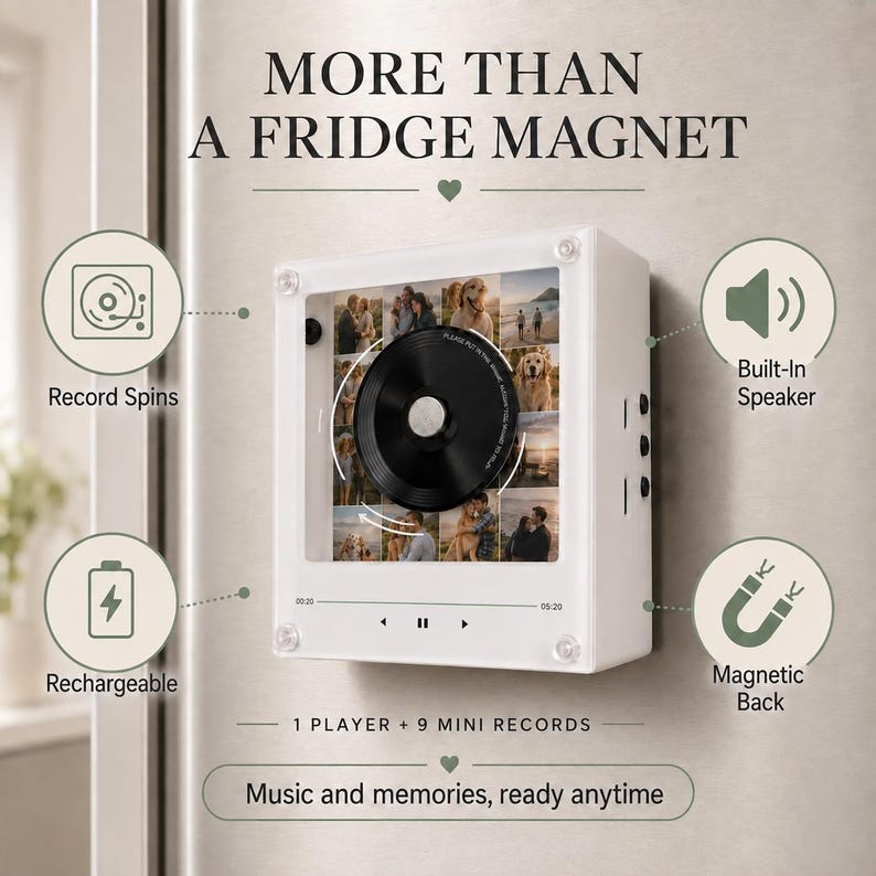 May include: A white square music player with a magnetic back, featuring a central black spinning record overlaying a collage of nine photographs. The device includes a built-in speaker, a rechargeable battery, and playback controls. Text reads: MORE THAN A FRIDGE MAGNET, 1 PLAYER + 9 MINI RECORDS, Music and memories, ready anytime.