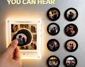 May include: A square, illuminated acrylic display board featuring a grid of nine photographs and playback controls, accompanied by eight circular black magnetic photo frames. The text reads MEMORIES YOU CAN HEAR, 9PHOTOS+9SONGS, 1 PLAYER+9MINI RECORDS.