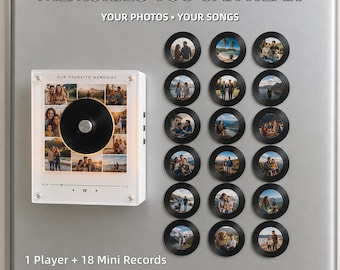 May include: A square white music player with a central black disc and a photo collage, labeled "OUR FAVORITE MEMORIES," accompanied by 18 circular black mini record magnets featuring individual photos. Text reads "MEMORIES YOU CAN HEAR."