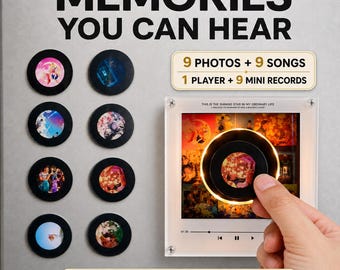 May include: A music player set featuring nine circular mini records with photo centers, a square acrylic player with a glowing ring, and text reading MEMORIES YOU CAN HEAR, 9 PHOTOS + 9 SONGS, 1 PLAYER + 9 MINI RECORDS, and NO PHONE NO APP PLAYS ITSELF.