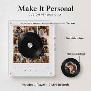 May include: A custom photo display frame featuring a central black vinyl record graphic over a nine-photo collage. The frame includes text labels for custom text, photo collage, and record artwork, with a digital music player interface at the bottom.