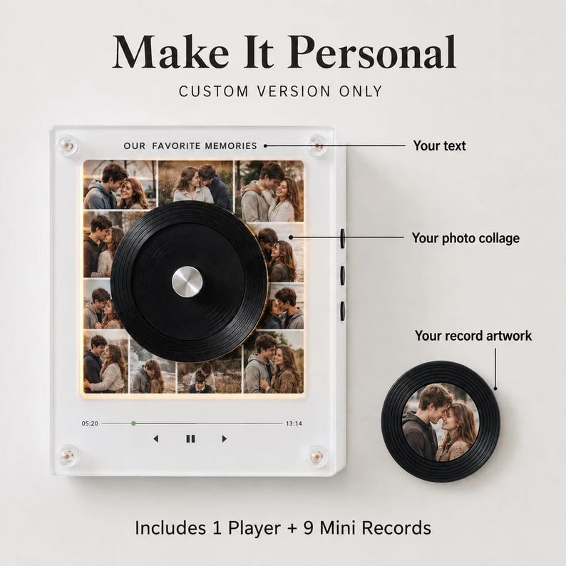 May include: A custom photo display frame featuring a central black vinyl record graphic over a nine-photo collage. The frame includes text labels for custom text, photo collage, and record artwork, with a digital music player interface at the bottom.