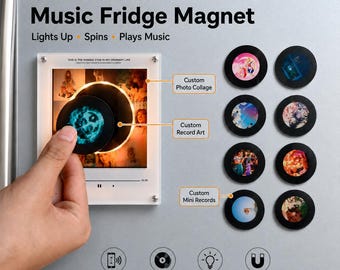 May include: A custom NFC music fridge magnet featuring a square frame with a photo collage, a circular record art piece that lights up and spins, and eight interchangeable mini records. Text includes Custom NFC Music Fridge Magnet, Lights Up, Spins, Plays Music.