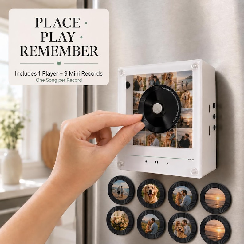 May include: A white square music player mounted on a surface, featuring a collage of photos and a black mini record. The text reads PLACE PLAY REMEMBER and Includes 1 Player + 9 Mini Records. Eight additional mini records with photo centers are below.